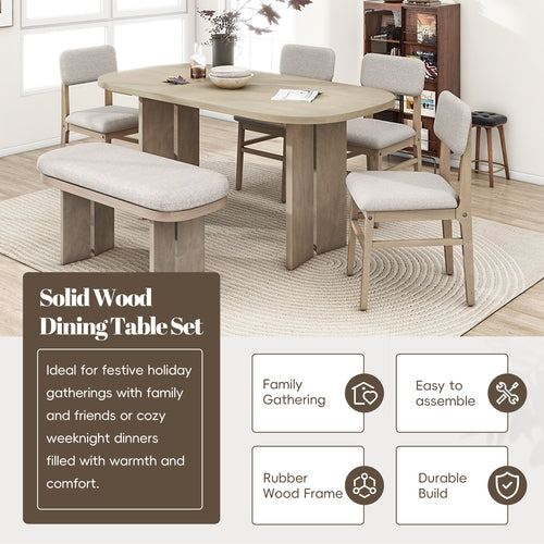 Solid Wood Dining Table Set with Bench - 6-Piece Upholstered