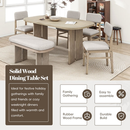 Solid Wood Dining Table Set with Bench - 6-Piece Upholstered