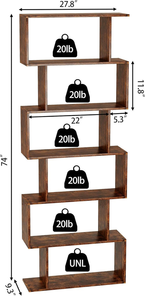 Geometric Bookcase 6 Tier S Shaped Rustic Brown Wood Shelf