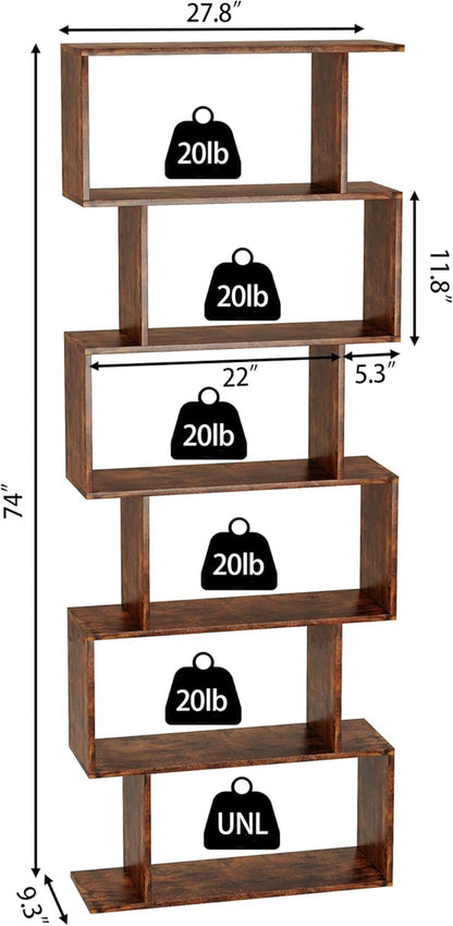 Geometric Bookcase 6 Tier S Shaped Rustic Brown Wood Shelf