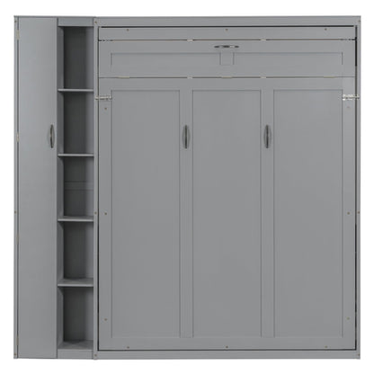 Queen Size Murphy Bed Wall Bed with Shelves, Wardrobe and LED Lights