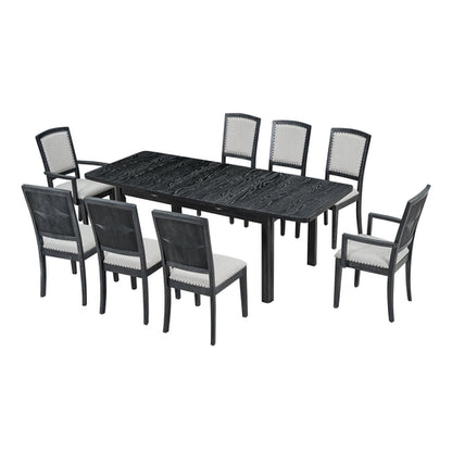Rustic Extendable Dining Table Set with Removable Leaf, 6 Upholstered