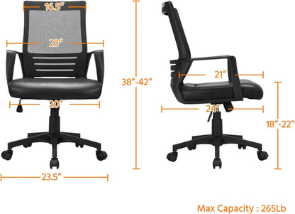 Ergonomic Office Chair Leather Seat Mesh Back Black With Lumbar