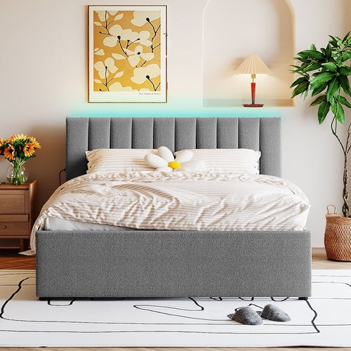 Platform Bed Twin XL Gray and Beige Fleece Upholstered with Trundle