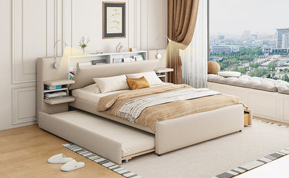 Queen Size Upholstered Platform Bed with Reading Lights, Drawers,