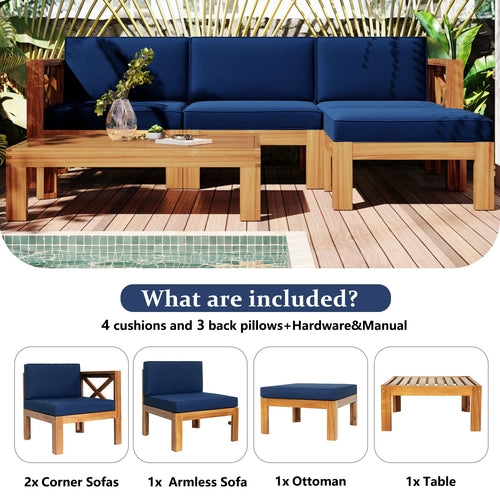 Outdoor Backyard Patio Wood 5-Piece Sectional Sofa Seating Group Set