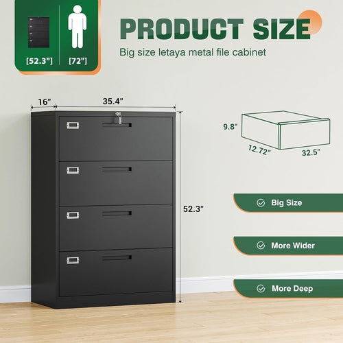4 Drawer Metal Lateral File Cabinet With Lock For Office