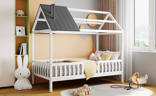 Twin Size Wood House Bed with Fence,White+Gray