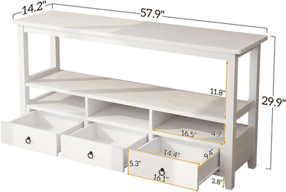 Vintage White Console Table With Storage Drawers And Shelves