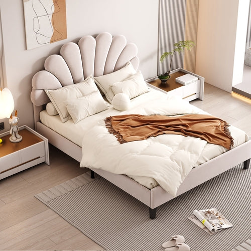 Upholstered Platform Bed with Flower Pattern Velvet Headboard