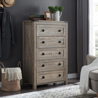 Rustic Oak Tall Dresser 5 Drawer Chest For Bedroom