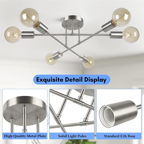 Modern Sputnik Chandelier, 6-Light Ceiling Light Fixture, Bedroom