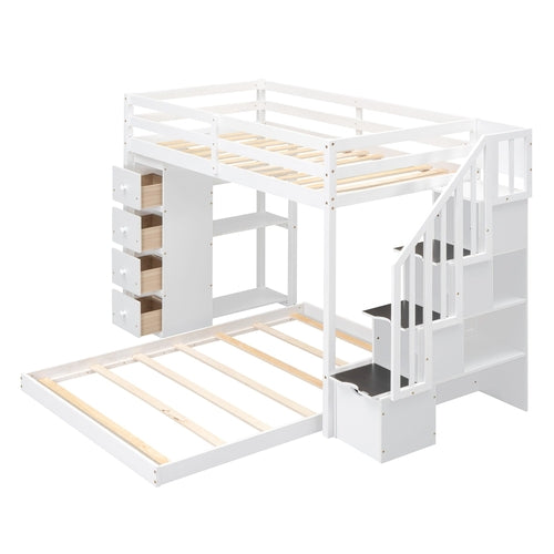 Twin Over Full Bunk Bed with 3-layer Shelves, Drawers and Storage