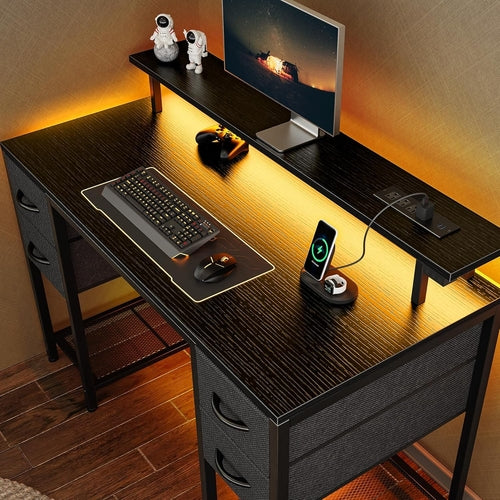 47 Inch Computer Desk With 4 Drawers And LED Lights Black