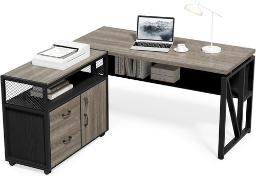 55 Inch L Shaped Office Desk With Grey Filing Cabinet Set