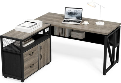 55 Inch L Shaped Office Desk With Grey Filing Cabinet Set