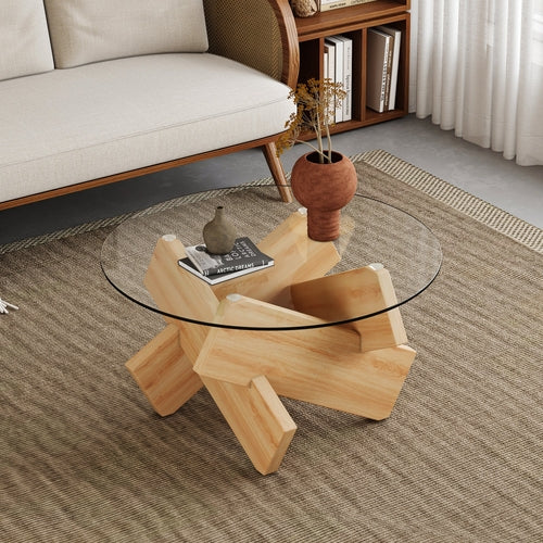 Modern Round Glass Coffee Table – 33.4" Tempered Glass Top with MDF
