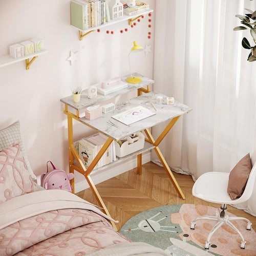 27.5 Inch Computer Desk With Monitor Stand And Storage White Marble