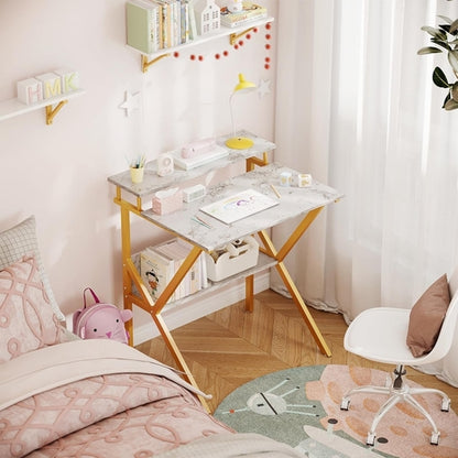 27.5 Inch Computer Desk With Monitor Stand And Storage White Marble