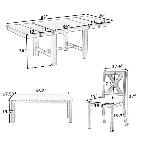 Farmhouse 82inch 6-Piece Extendable Dining Table with Footrest, 4