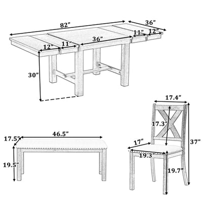 Farmhouse 82inch 6-Piece Extendable Dining Table with Footrest, 4