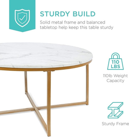 Round Coffee Table With Faux Marble Top Cross Leg Design