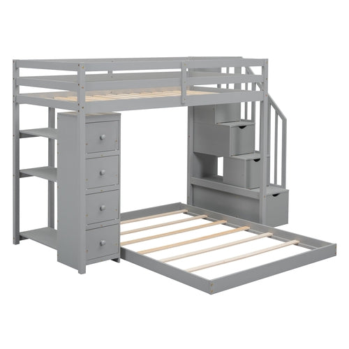 Twin Over Full Bunk Bed with 3-layer Shelves, Drawers and Storage
