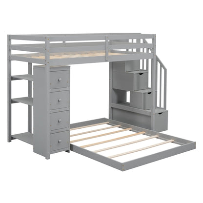 Twin Over Full Bunk Bed with 3-layer Shelves, Drawers and Storage