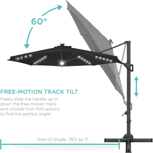 10 Ft Solar LED Cantilever Patio Umbrella With 360 Degree Rotation And