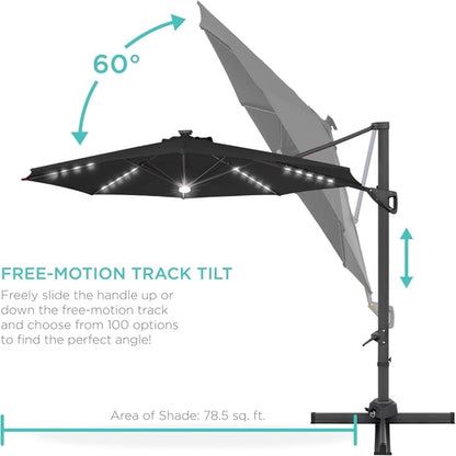 10 Ft Solar LED Cantilever Patio Umbrella With 360 Degree Rotation And