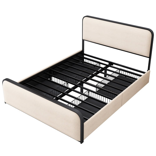 Modern Metal Bed Frame with Upholstered Curved Headboard and