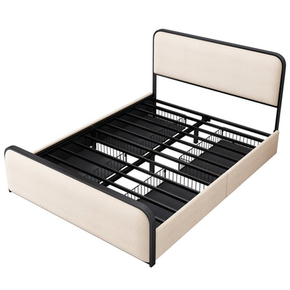 Modern Metal Bed Frame with Upholstered Curved Headboard and