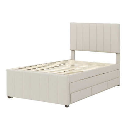 Upholstered Platform Bed with Trundle and 3 Drawers, Linen Fabric