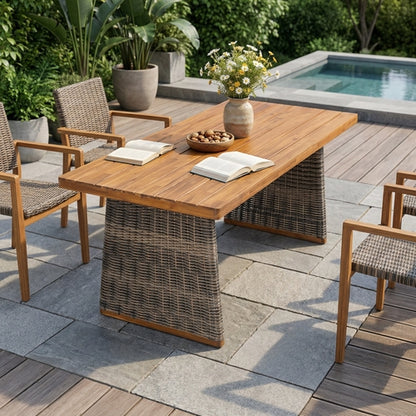 Outdoor Acacia Wood Dining Table, Teak Finish with Wicker