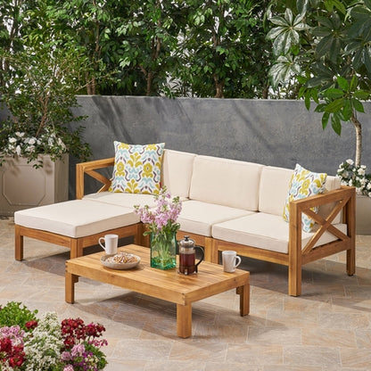 ALCOVE L-Shape Sofa Set Beige Acacia Wood with Water-Resistant