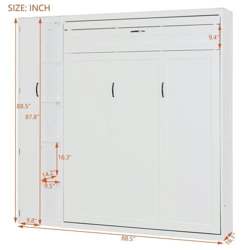 Queen Size Murphy Bed Wall Bed with Shelves, Wardrobe and LED Lights
