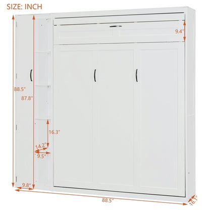 Queen Size Murphy Bed Wall Bed with Shelves, Wardrobe and LED Lights