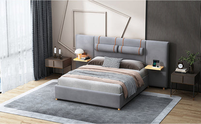 Upholstered Platform Bed with Outlets, USB Ports, Pillows and Storage