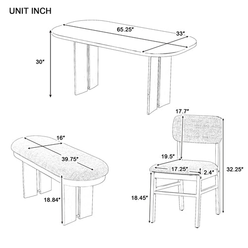 Solid Wood Dining Table Set with Bench - 6-Piece Upholstered