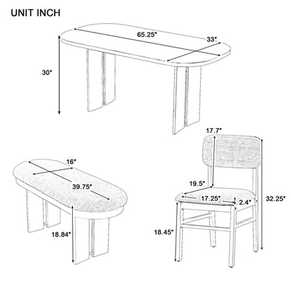 Solid Wood Dining Table Set with Bench - 6-Piece Upholstered