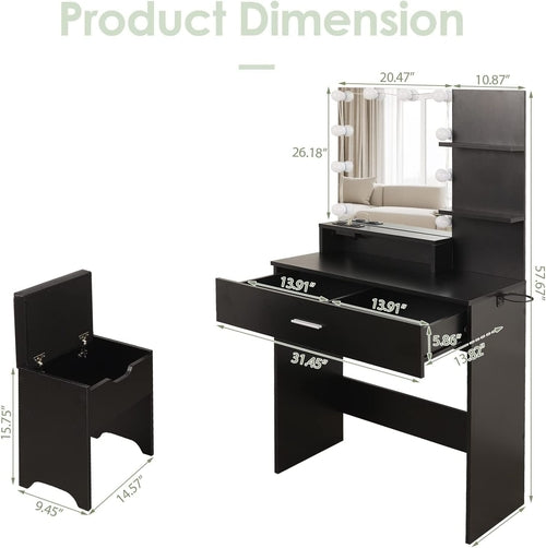 Black Makeup Vanity Table With Lighted Mirror And USB Ports