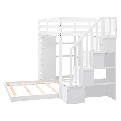 Twin Over Full Bunk Bed with 3-layer Shelves, Drawers and Storage