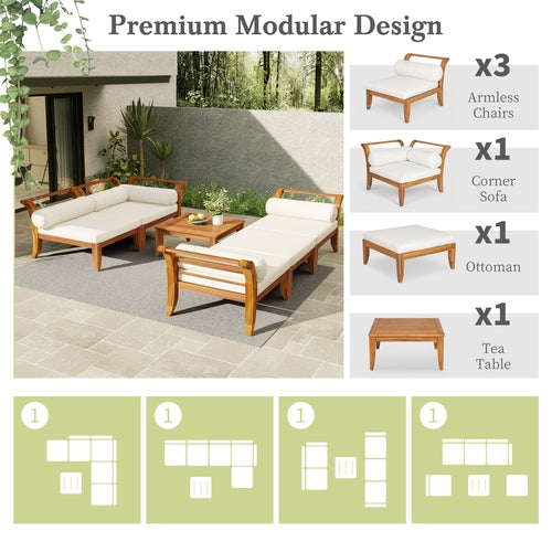 6 Piece Patio Sofa Set, Acacia Wood Outdoor Modular Sectional Garden