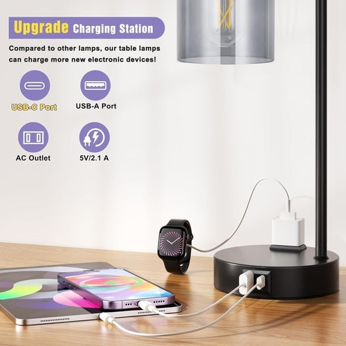 3-Way Dimmable USB Table Lamps With Gray Glass Shade Pair