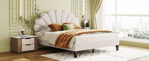 Upholstered Platform Bed with Flower Pattern Velvet Headboard