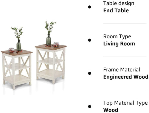 Rustic Ivory End Table Set Of 2 With Shelves 23.6 Inch