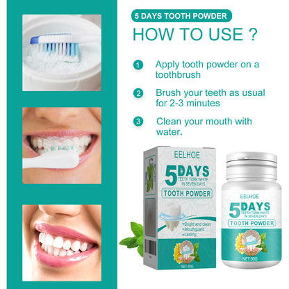 EELHOE 5 Day Whitening Tooth Powder, Clean Teeth Remove Dirt Plaque Fresh Mouth Clean Teeth Powder