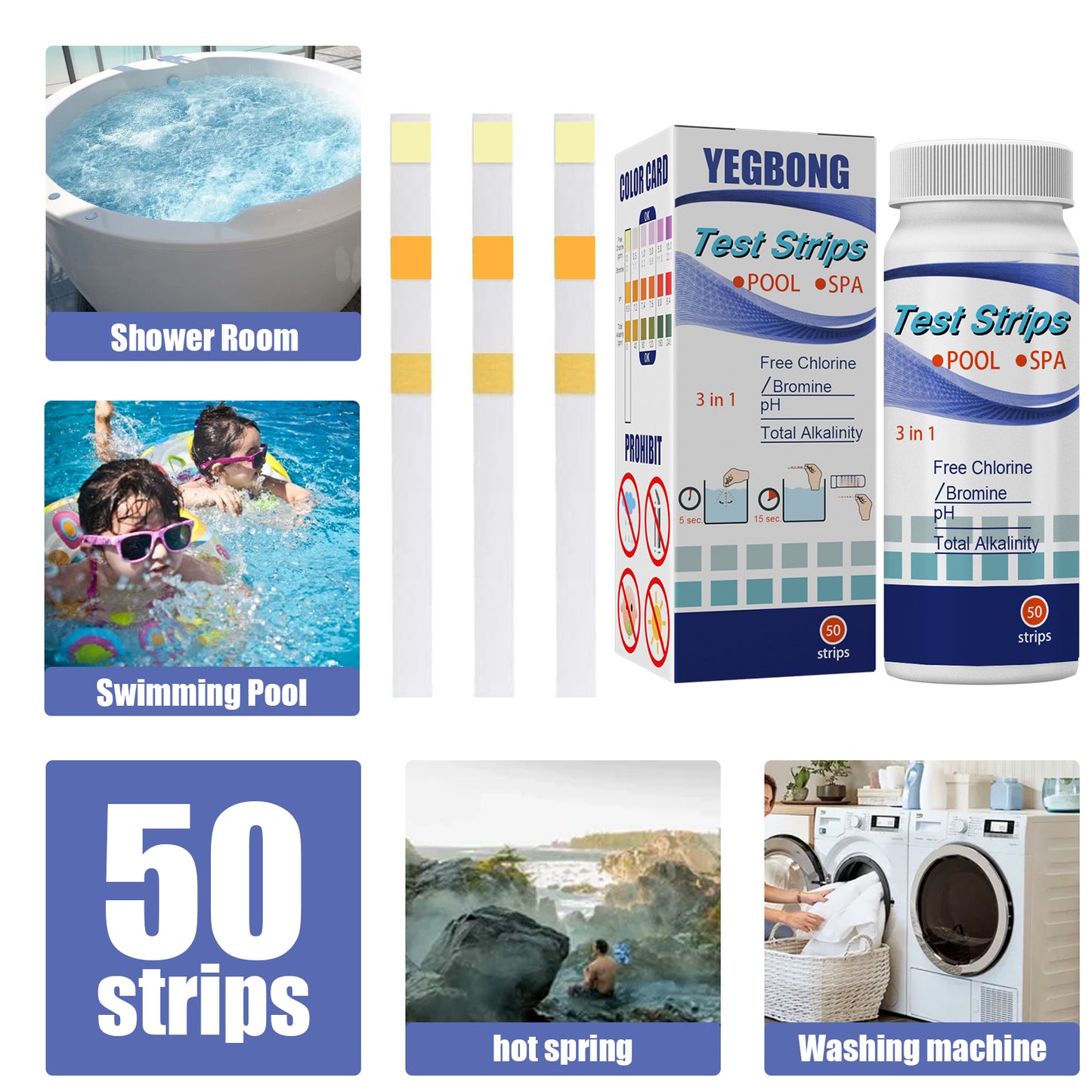 Yegbong Test Strips, Swimming Pool Speed Residual Chloric Acid Base Number Total Alkalinity Total Hardness Water Quality Test Paper