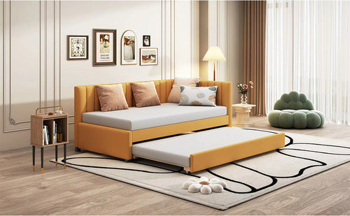 Upholstered Daybed with Trundle Sofa Bed Frame No Box Spring Needed,