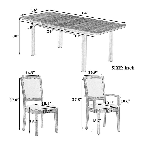 Rustic Extendable Dining Table Set with Removable Leaf, 6 Upholstered